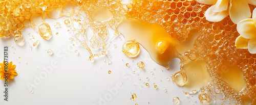 Varied Types of Honey and Honeycombs on White Background with Copy Space