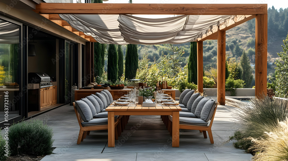 Outdoor Dining Patio with Wooden Pergola and Grey Fabric - Photo Outdoor Dining Patio with Wooden Pergola and Grey Fabric - Photo