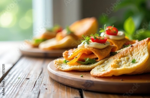 Savory crepes with fresh herbs and tomatoes on a rustic table