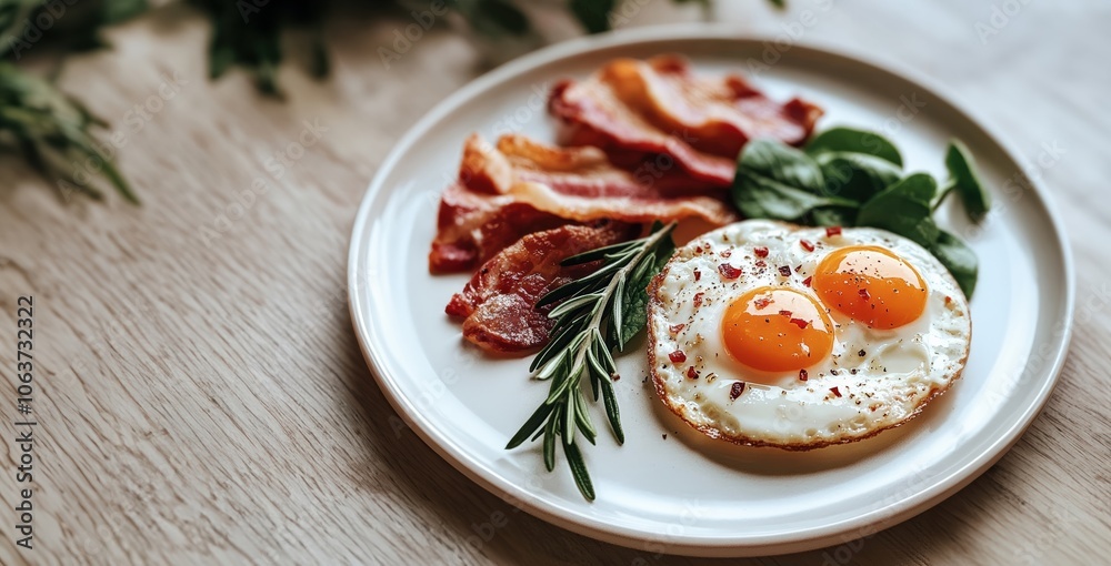 Two perfectly fried eggs with slices of crispy bacon, spinach and rosemary on a white ceramic plate. perfect quick breakfast in a cafe