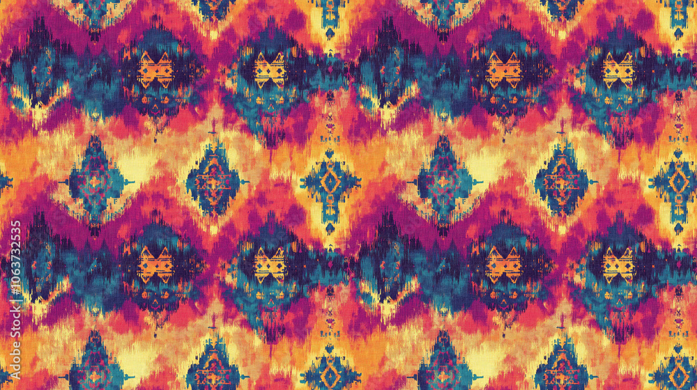 Colorful Ikat tie dye pattern featuring shaman designs and Yucatan tribal elements perfect for meditation and ethnic art projects