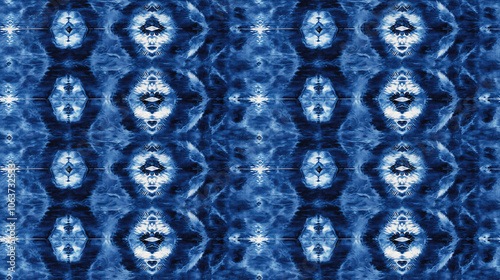 Tribal ornament pattern featuring indigo tones and tropical tie dye effects ideal for fabric designs and home decor photo