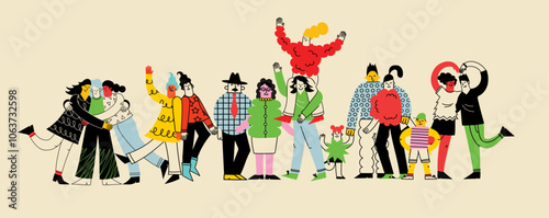 Big family and best friends and concept illustration. Vector illustration of multicultural people and multicultural friendship. Parents, grandparents and kids embrace with love, support.