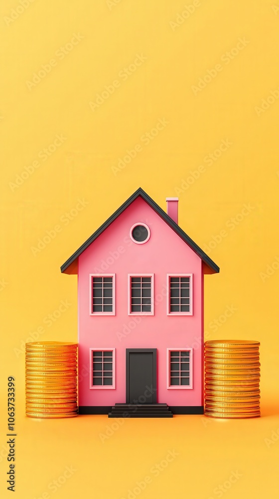 Pink House with Gold Coins on Yellow Background. Pink House with Gold Coins on Yellow Background.