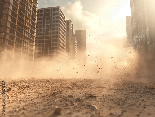 Dust Storm Raging Through Desolate Cityscape, Buildings Silhouetted Against a Hazy Sky