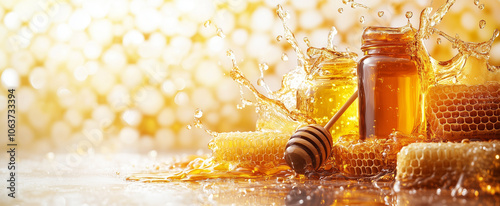 Varied Types of Honey and Honeycombs on White Background with Copy Space