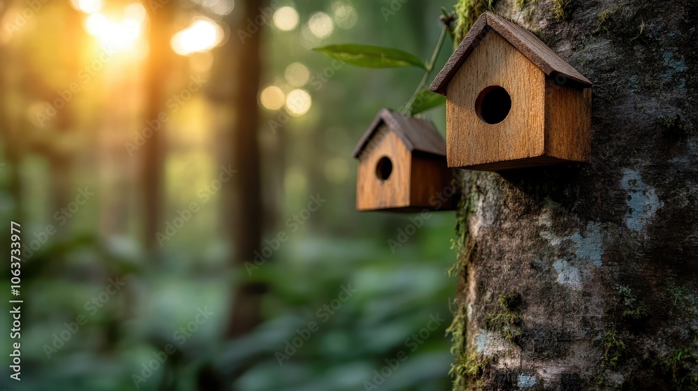 Multiple wooden birdhouses are attached to a tree in a lush, green forest, capturing the harmony of nature and the charm of rustic, handcrafted elements. Multiple wooden birdhouses are attached to a tree in a lush, green forest, capturing the harmony of nature and the charm of rustic, handcrafted elements.