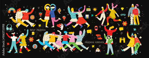 Best friends and big family concept illustration. Vector illustration of multicultural people and multicultural friendship. Happy friendship day.