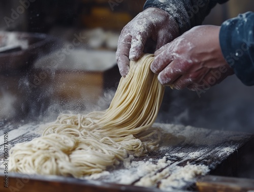 Hands Skillfully Shaping Freshly Made Noodles, Covered in Flour, During the Traditional Noodle Making Process