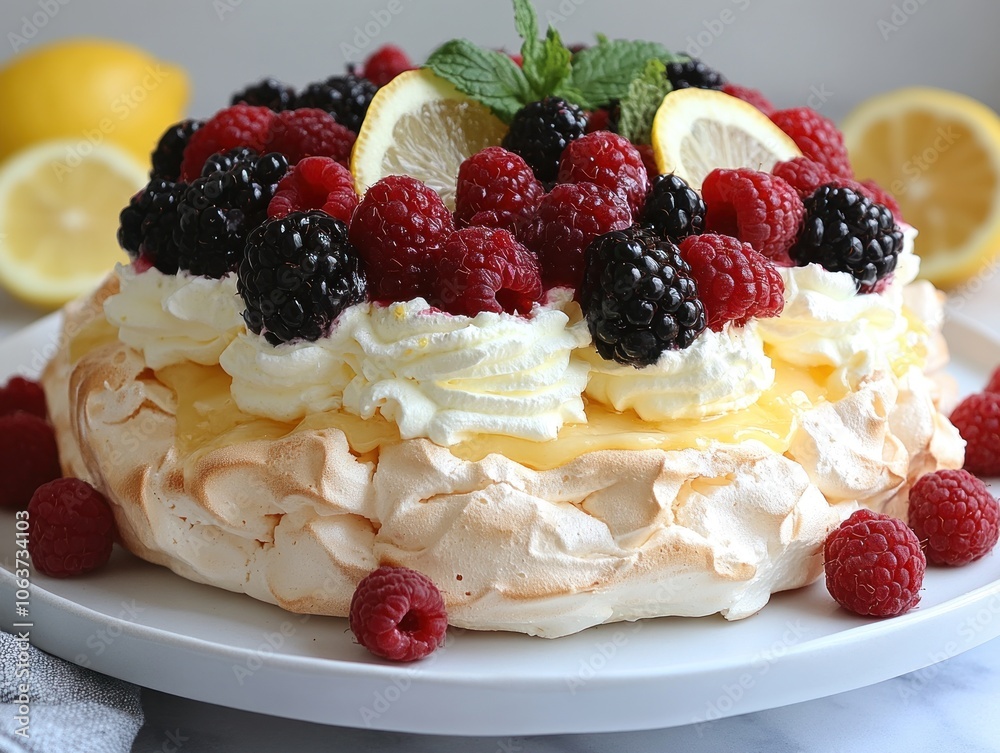 Lemon tart with whipped cream and fresh berries. AI generated Lemon tart with whipped cream and fresh berries. AI generated