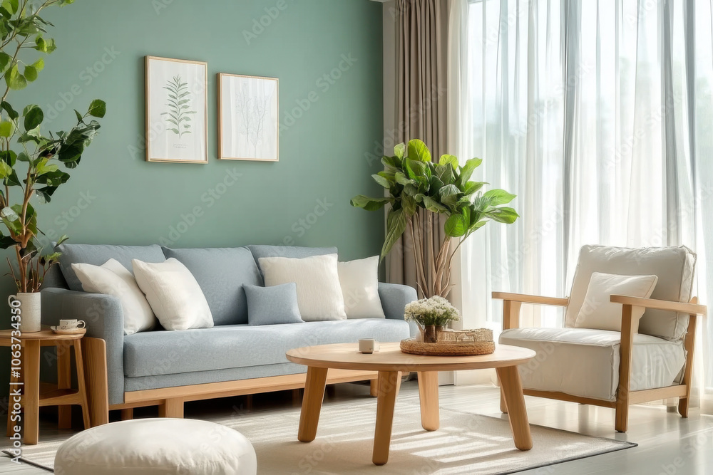 Wooden coffee table and chair. gray sofa against green wall Wooden coffee table and chair. gray sofa against green wall