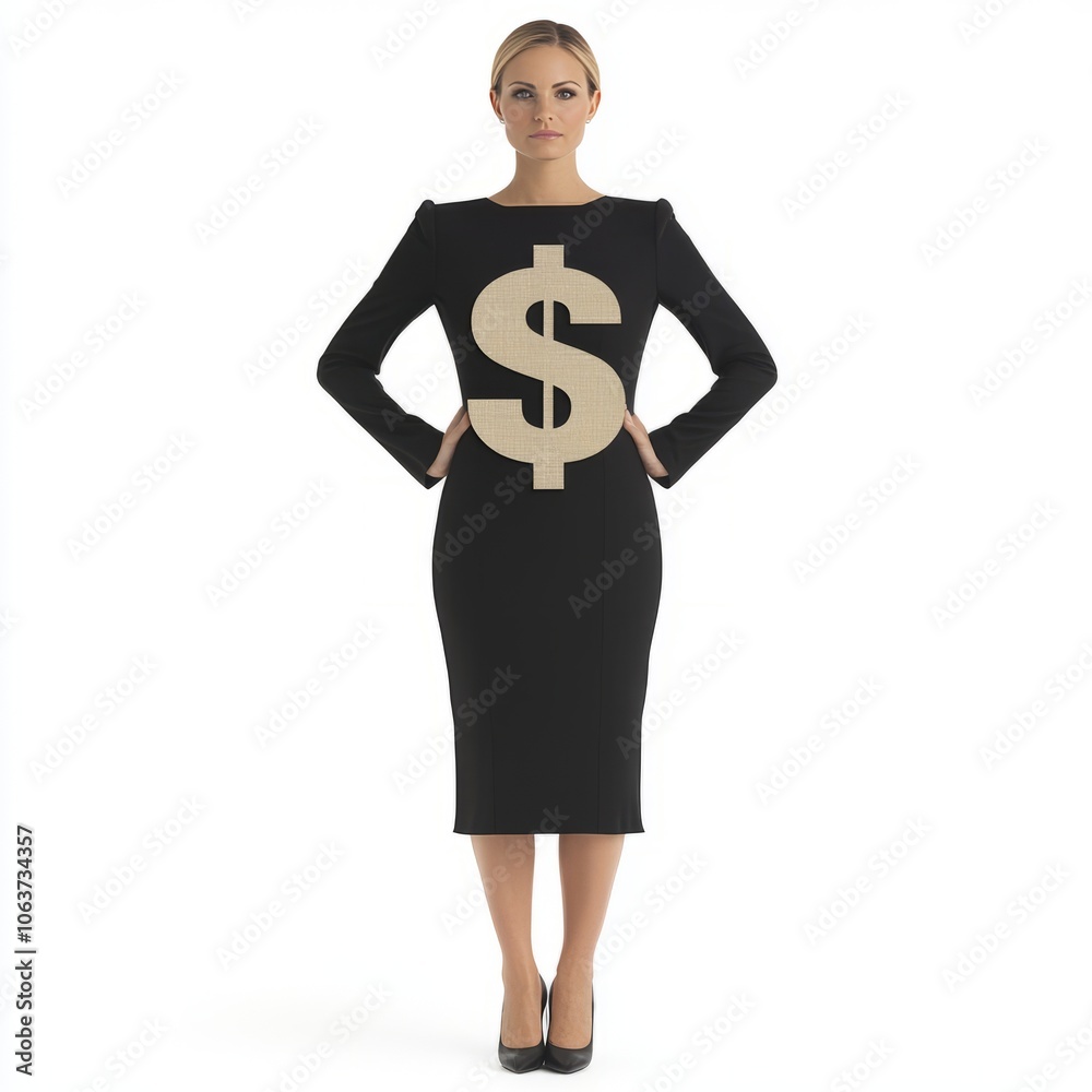 Fototapeta premium A woman in a black dress featuring a large dollar sign symbol.