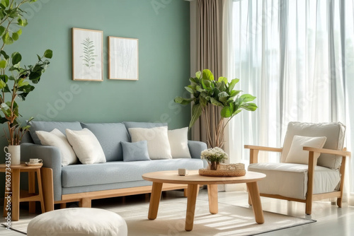 Wooden coffee table and chair. gray sofa against green wall