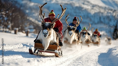 Experience reindeer sledding and feeding in Tromso, Norway. Sami culture offers this unique opportunity in a snowy winter landscape surrounded by mountains, hills, and fjords. photo