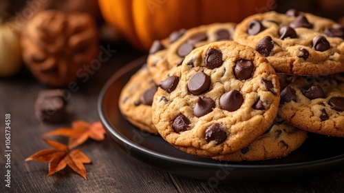 Close-up of a stack of chocolate chip cookies on a black plate, with a pumpkin and fall leaves in the background.