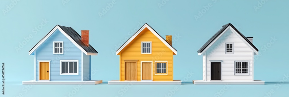 Fototapeta premium Three Colorful Houses on a Blue Background.