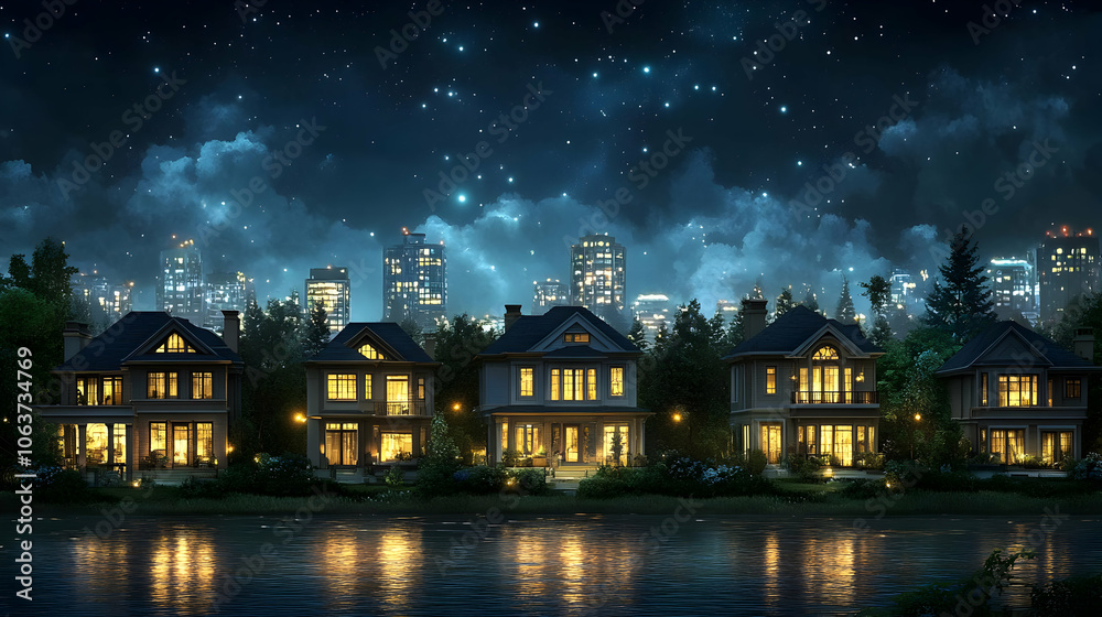 Fototapeta premium Night Cityscape with Houses by the Water - 3D Illustration