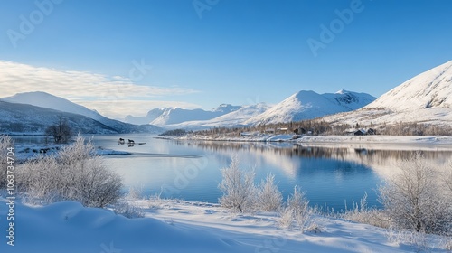 Experience reindeer sledding and feeding in Tromso, Norway. Sami culture offers this unique opportunity in a snowy winter landscape surrounded by mountains, hills, and fjords. photo
