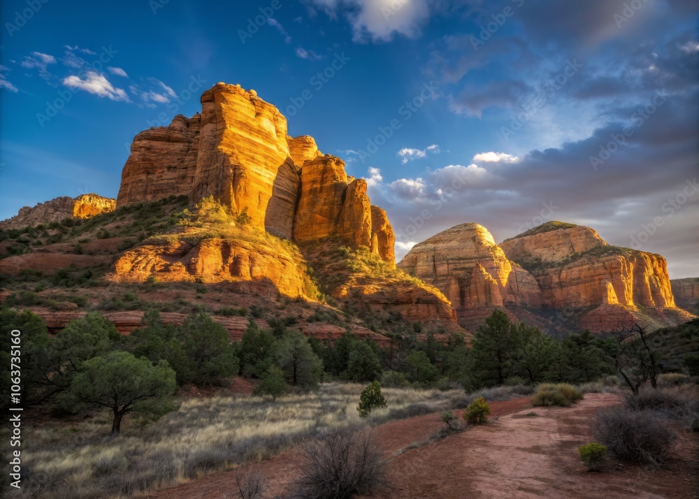 Fototapeta premium Warm Lit Sandstone Formations Rise Majestically Against a Vibrant Deep Blue Sky at Dusk