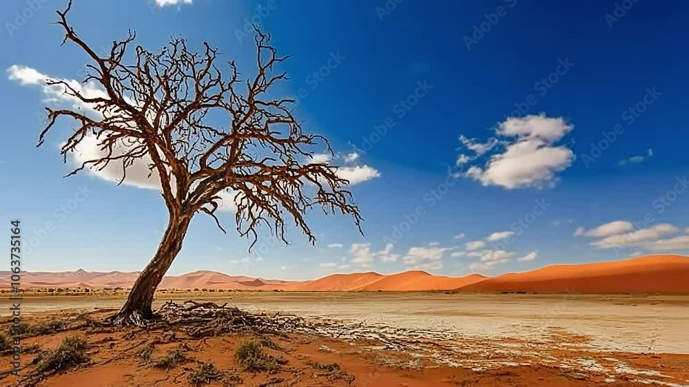 A lone, dead tree stands in a red sand desert, a stark contrast to the bright blue sky and white clouds. A lone, dead tree stands in a red sand desert, a stark contrast to the bright blue sky and white clouds.
