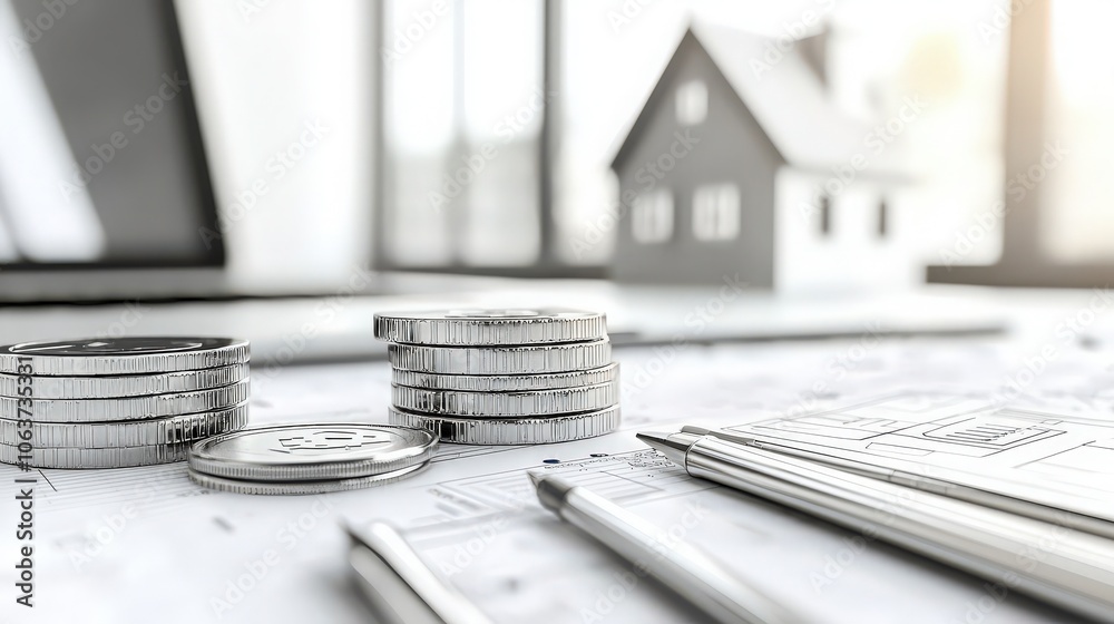 House Investment Concept with Coins and Blueprint. House Investment Concept with Coins and Blueprint.