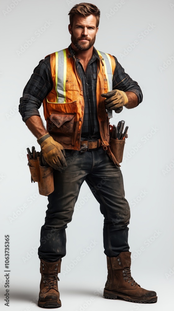 Confident construction worker in high-visibility gear showcases tools in a professional setting Confident construction worker in high-visibility gear showcases tools in a professional setting