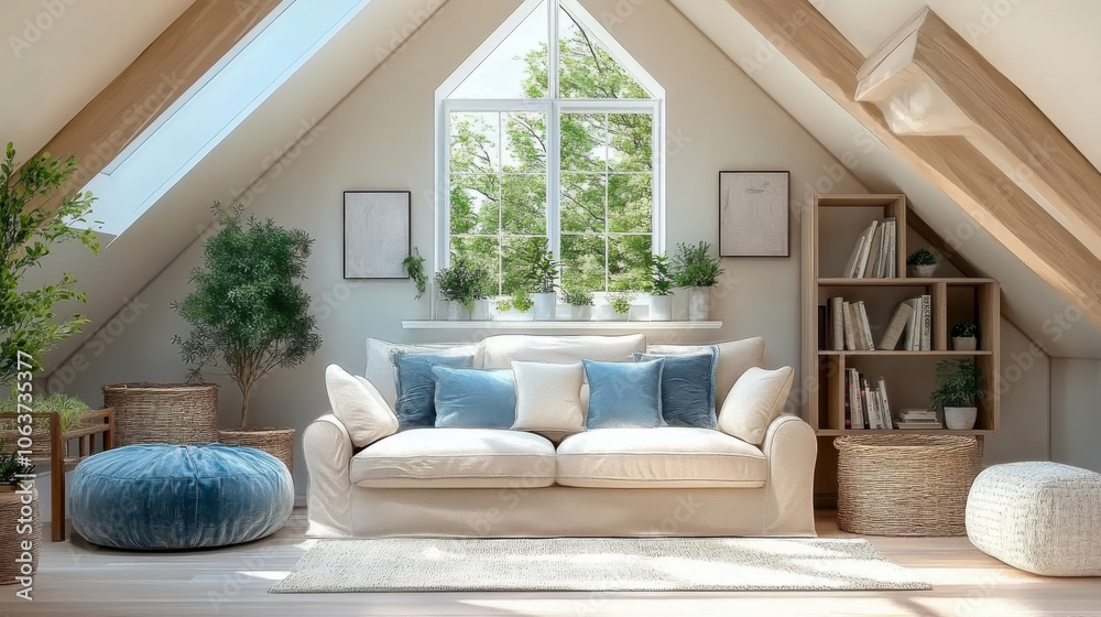 Scandinavian home interior design living room in attic with lining ceiling Scandinavian home interior design living room in attic with lining ceiling