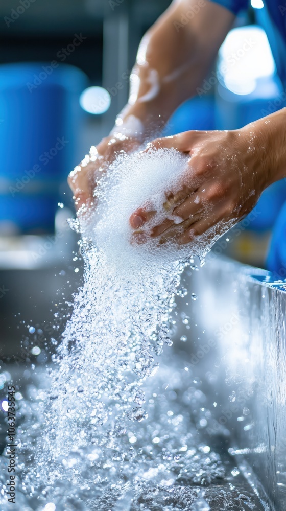 Fototapeta premium Worker cleaning an abattoir with a high-pressure jet wash for hygiene maintenance