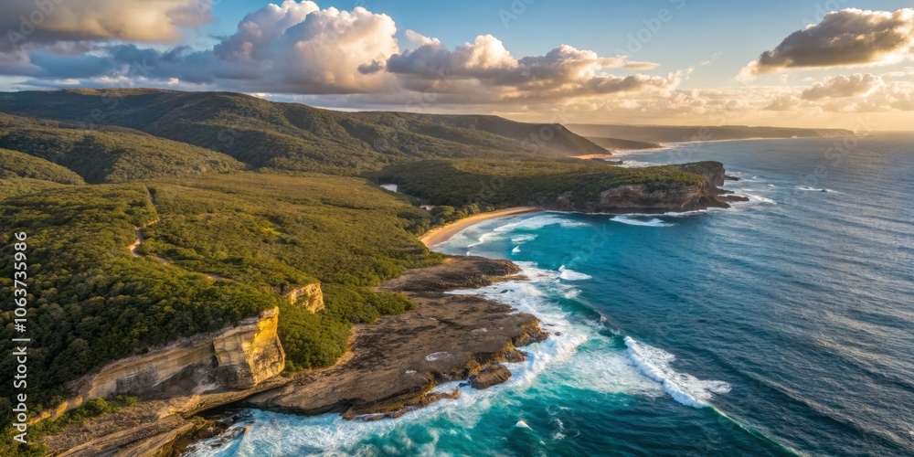 Fototapeta premium Breathtaking Aerial View of Rugged Wild Coastline in Royal National Park, Australia, Nature's Beauty