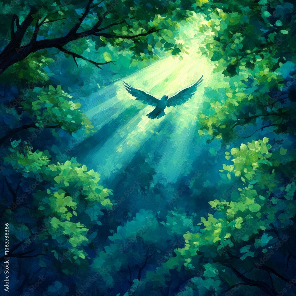 Fototapeta premium A serene forest scene with a bird soaring through sunlit foliage.