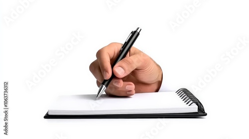 Hand Writing on Notepad: A hand reaches out from a ripped page, pen poised above a fresh, unlined notepad, ready to jot down thoughts, ideas, or stories. photo