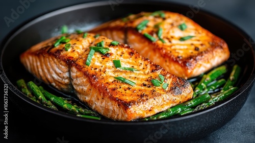 Salmon fillets cooked to a golden brown perfection, garnished with fresh greens and served on a sizzling hot pan accompanied by vibrant asparagus spears. photo