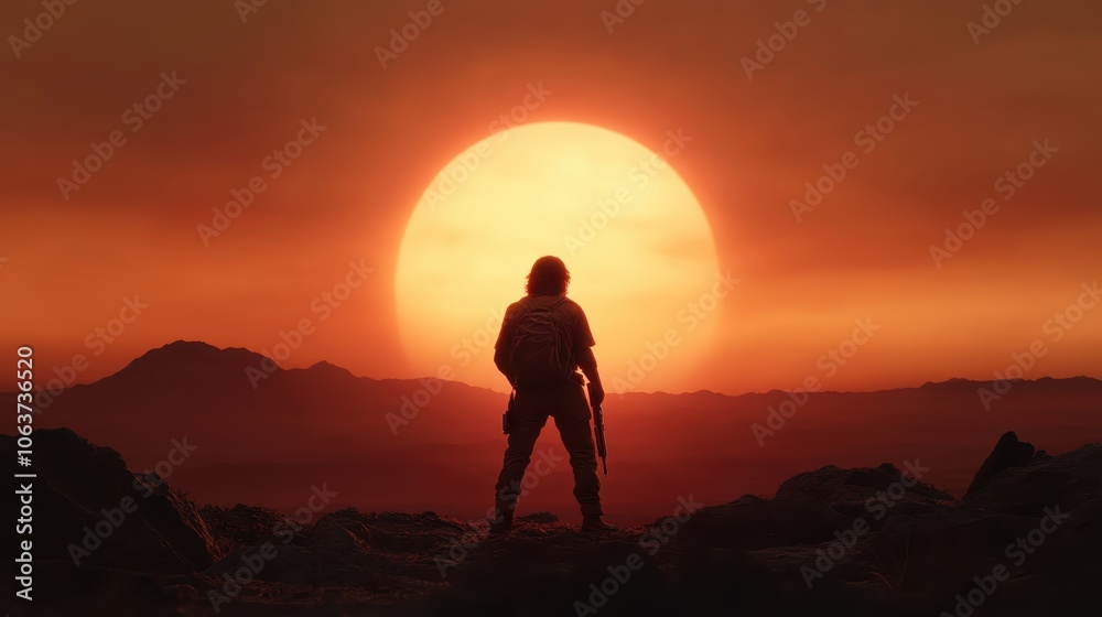 Silhouette of a solitary adventurer with a backpack against a massive setting sun in the expansive desert, symbolizing exploration and the vastness of nature. Silhouette of a solitary adventurer with a backpack against a massive setting sun in the expansive desert, symbolizing exploration and the vastness of nature.