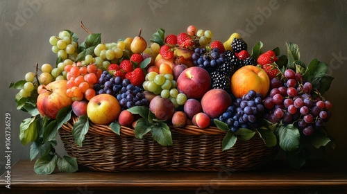 A bountiful basket overflowing with fresh summer fruits including grapes, peaches, pears, strawberries and blackberries.