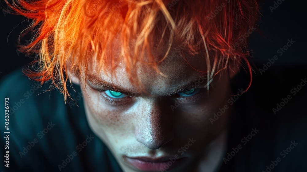 A portrait of a person with vivid orange hair, leaning forward with a fierce, intent look, under striking lighting that brings out dramatic facial features. A portrait of a person with vivid orange hair, leaning forward with a fierce, intent look, under striking lighting that brings out dramatic facial features.