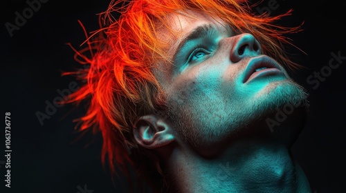 A close-up shot of an individual with striking orange hair, looking upward with an intense gaze, dramatically highlighted by contrasting lighting in an artistic portrait.