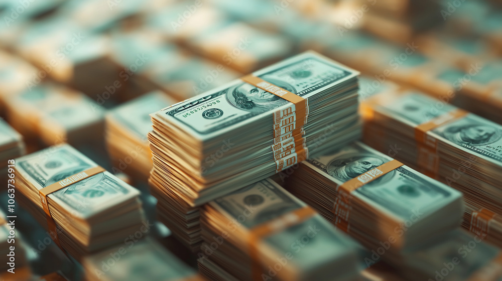 Stacks of US dollar bills neatly arranged, symbolizing wealth and prosperity. Stacks of US dollar bills neatly arranged, symbolizing wealth and prosperity.
