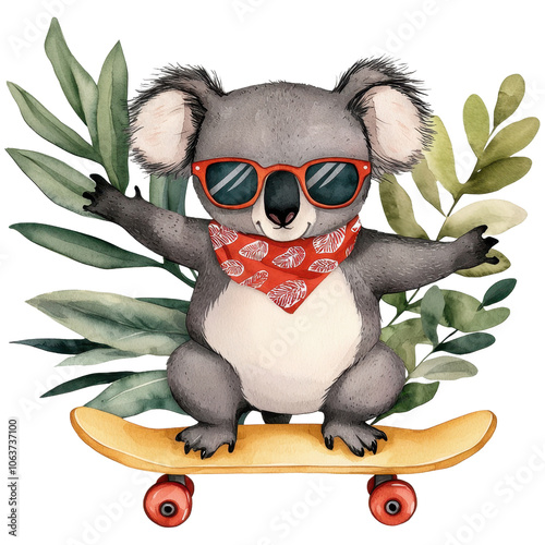 Cool koala skateboarding on a vibrant skateboard with greenery in the background. photo