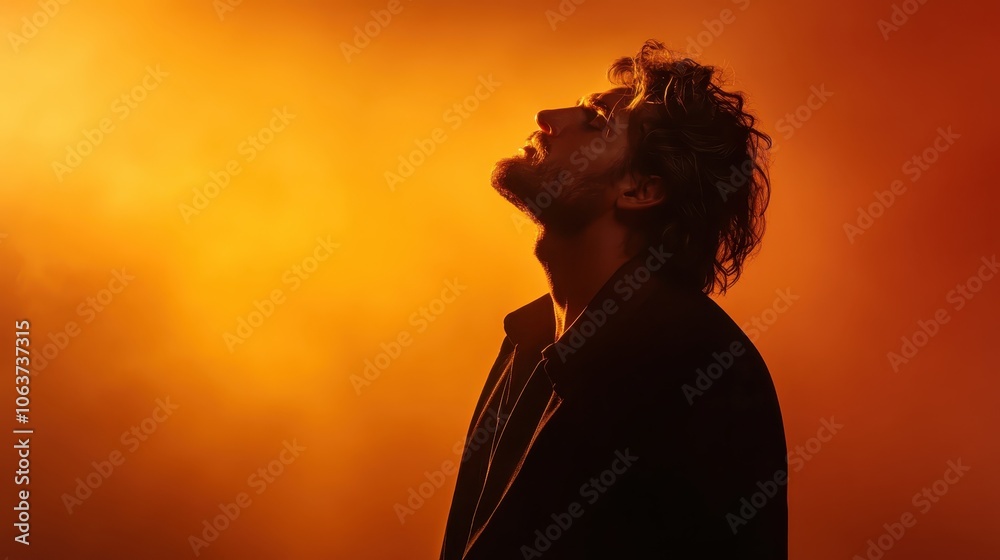 A silhouette of a man with textured wavy hair is highlighted against a dramatic warm orange backdrop, creating a striking image full of mystery and artistic depth. A silhouette of a man with textured wavy hair is highlighted against a dramatic warm orange backdrop, creating a striking image full of mystery and artistic depth.