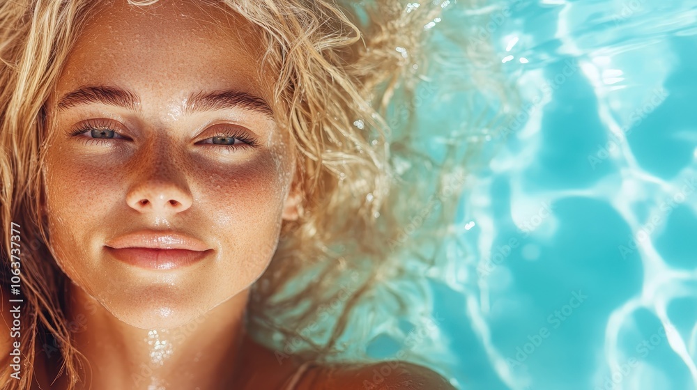A woman with an expression of joy floats in a sunlit turquoise pool, the play of light on her skin and water surface celebrating freedom and happiness. A woman with an expression of joy floats in a sunlit turquoise pool, the play of light on her skin and water surface celebrating freedom and happiness.
