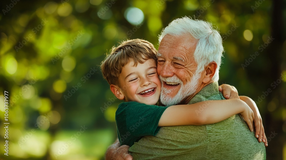 A young boy embraces his grandfather, both laughing joyfully as they stand in a lush green park setting. The image captures a heartwarming moment of love and connection.