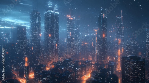 An awe-inspiring futuristic city filled with towering skyscrapers glowing in blue and orange hues, symbolizing progress and innovation under a starry night sky.