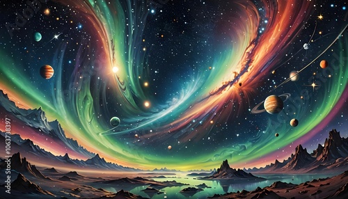 Expansive Planets Stars Universe Constellations Desktop Wallpaper Background ~ Created with Generative AI.