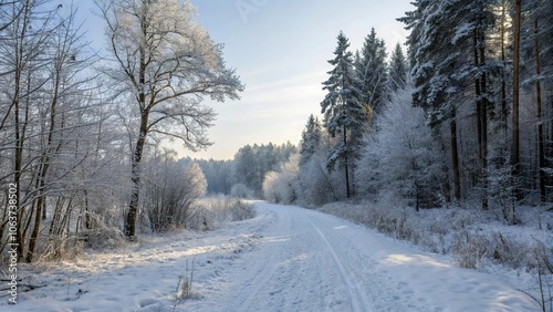 A serene forest path covered in a thick layer of fresh snow, with trees standing tall and silent in the background, frosty landscape, frozen lake, white forest