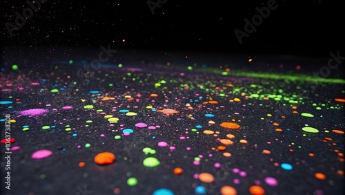 Tiny glowing neon paint drops scattered randomly across a dark canvas, darknight, Abstractexpressionism, glowingpaint, neondrops photo