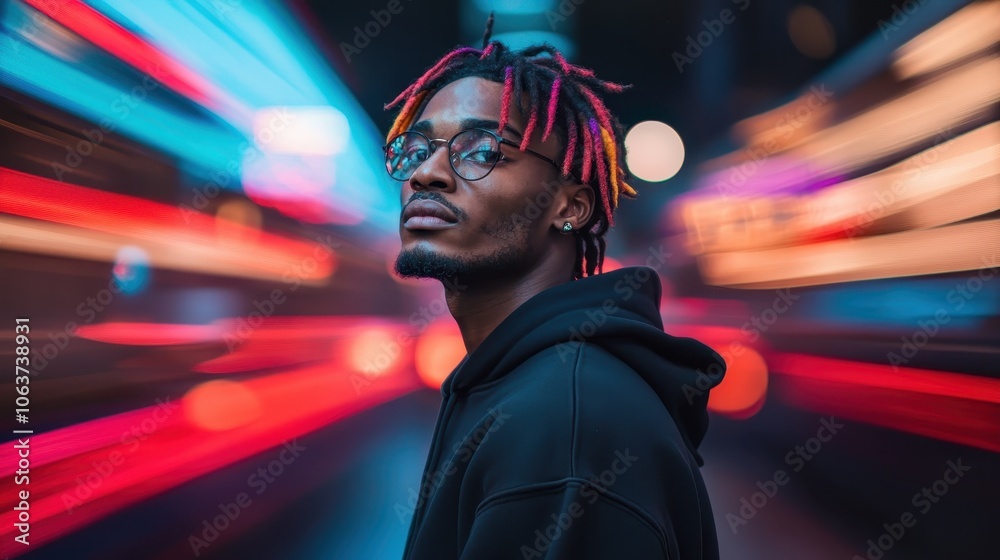 A man with glasses poses against a dynamic backdrop of vibrant light trails, symbolizing movement and modern life, conveying a sense of focus and determination. A man with glasses poses against a dynamic backdrop of vibrant light trails, symbolizing movement and modern life, conveying a sense of focus and determination.