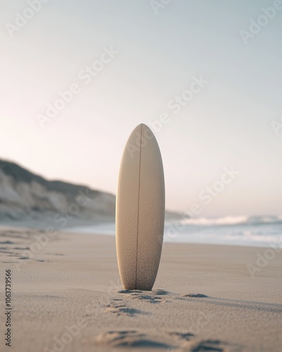 Serene beach scene with surfboard standing in sand