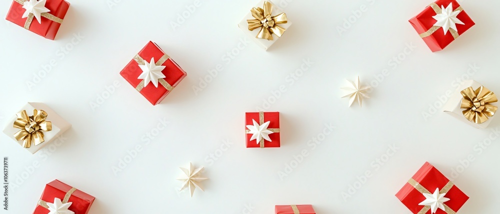 Red and Gold Christmas Gift Boxes with White Stars on White Background Red and Gold Christmas Gift Boxes with White Stars on White Background