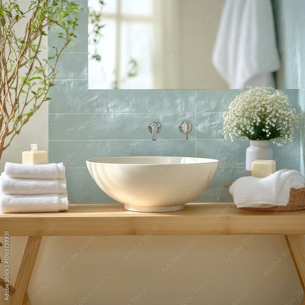 Fototapeta premium Vase with beautiful pink tulips and toiletries near sink in bathroom