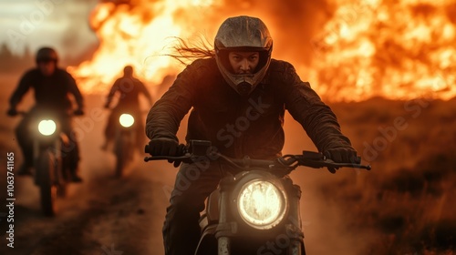 A group of motorcyclists races away from a massive, fiery explosion, capturing a sense of urgency and adrenaline in a dramatic outdoor adventure setting. photo